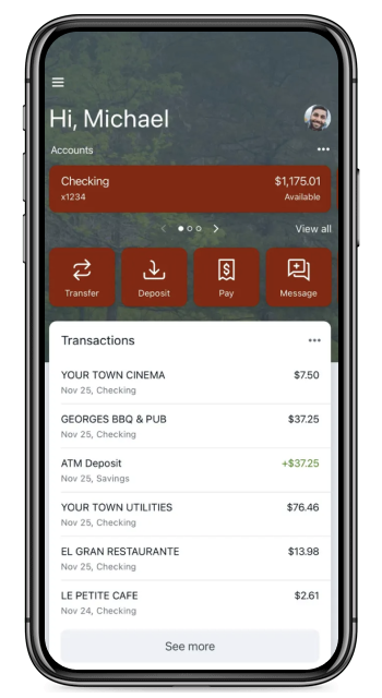 Image of mobile phone with mobile banking transaction screen showing.