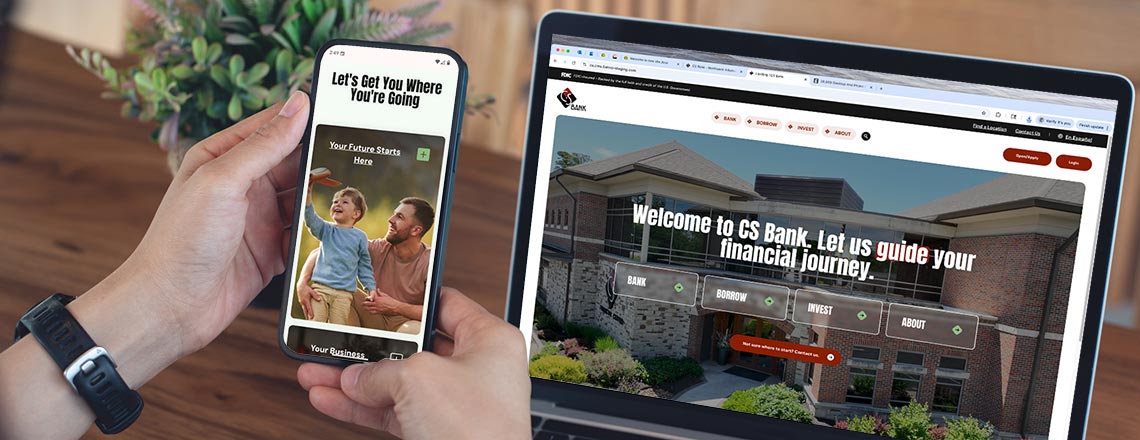 Person looking at the cs.bank website on their phone and laptop